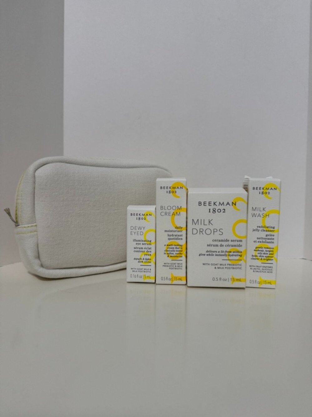 Beekman 1802 Great Skin 4 pc Travel Set Milk Drops Bloom w/White Cosmetic Bag